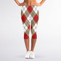 Red White And Beige Argyle Pattern Print Women's Capri Leggings
