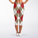 Red White And Beige Argyle Pattern Print Women's Capri Leggings