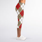 Red White And Beige Argyle Pattern Print Women's Capri Leggings