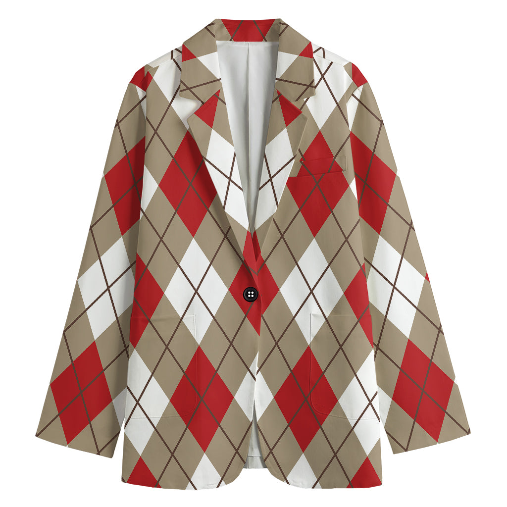 Red White And Beige Argyle Pattern Print Women's Cotton Blazer