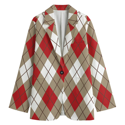 Red White And Beige Argyle Pattern Print Women's Cotton Blazer