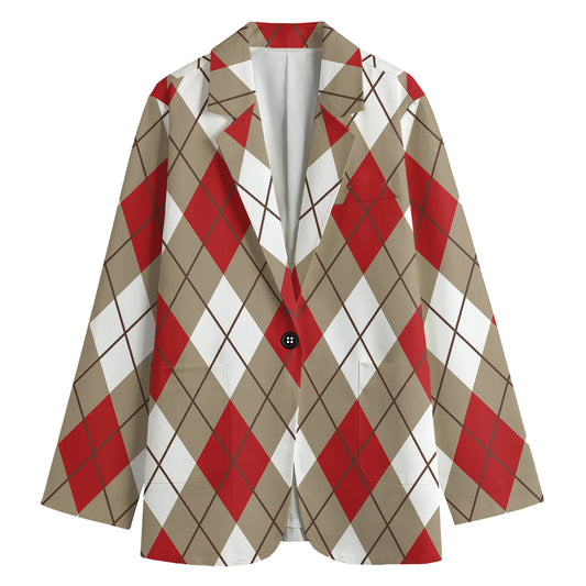 Red White And Beige Argyle Pattern Print Women's Cotton Blazer