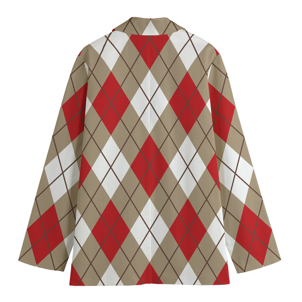 Red White And Beige Argyle Pattern Print Women's Cotton Blazer