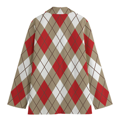 Red White And Beige Argyle Pattern Print Women's Cotton Blazer