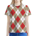 Red White And Beige Argyle Pattern Print Women's Polo Shirt