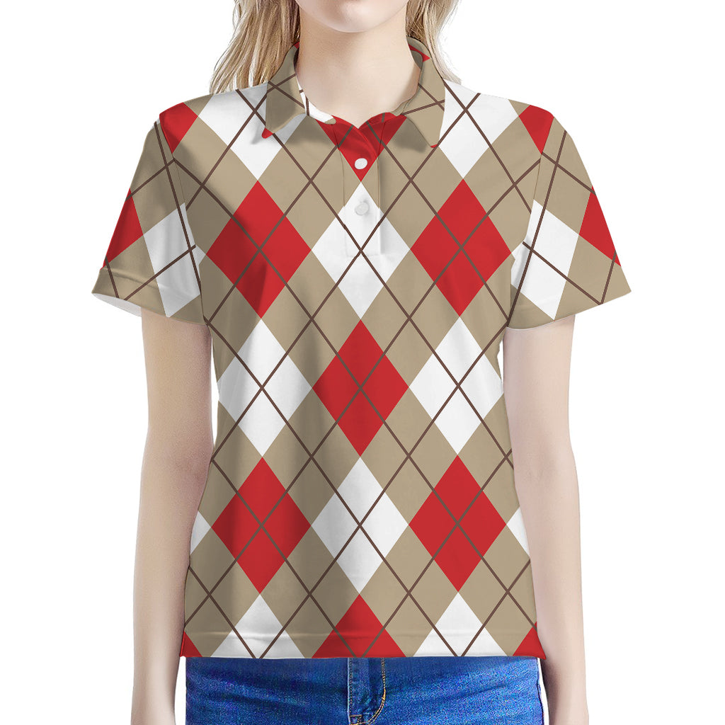 Red White And Beige Argyle Pattern Print Women's Polo Shirt