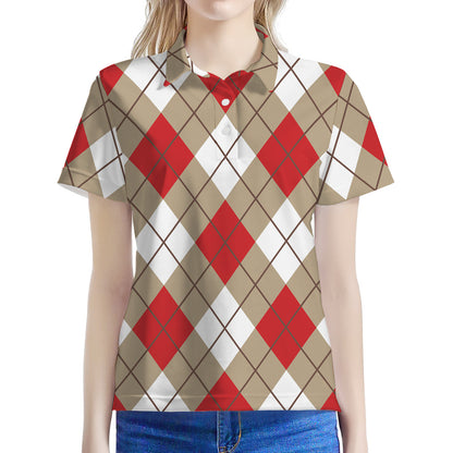 Red White And Beige Argyle Pattern Print Women's Polo Shirt
