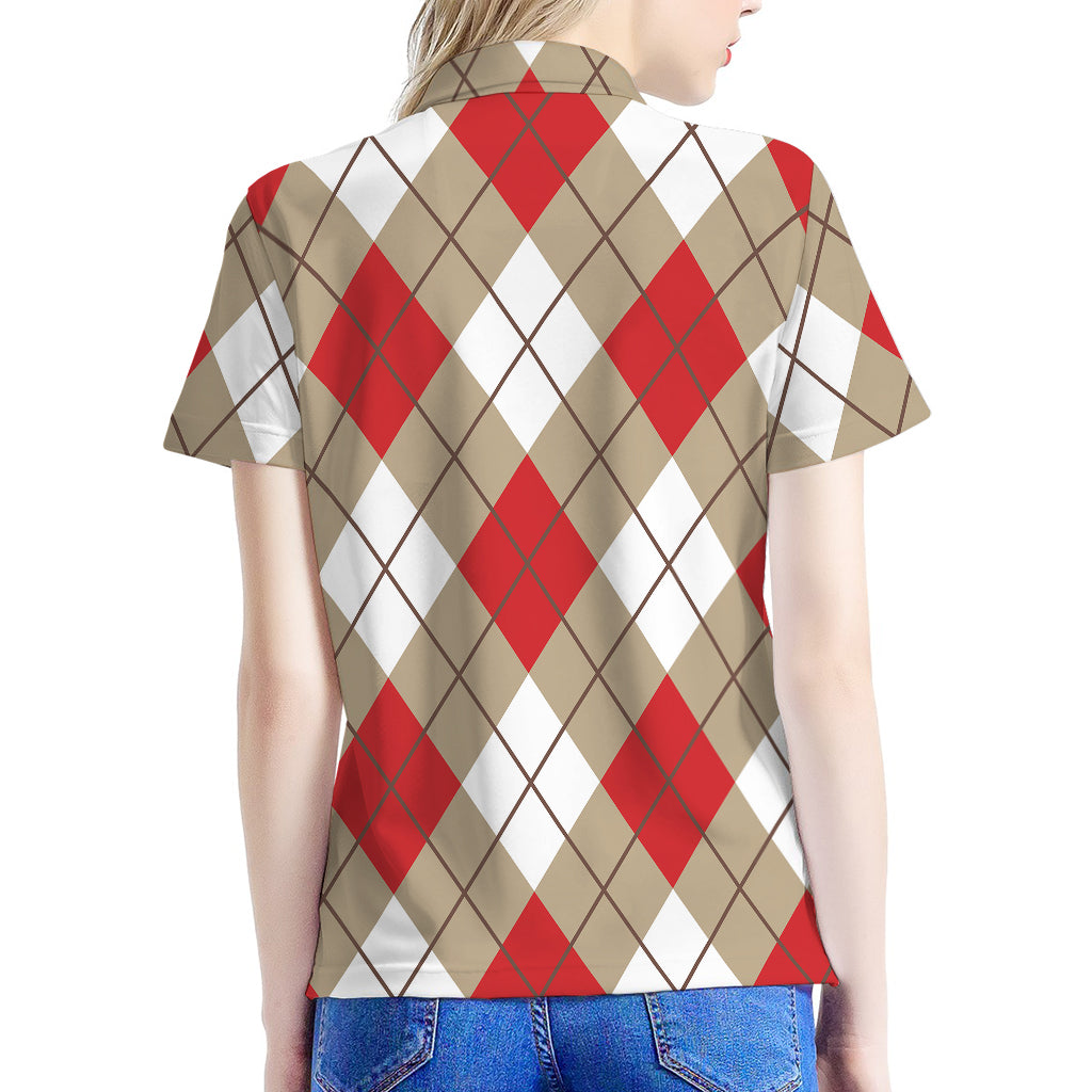 Red White And Beige Argyle Pattern Print Women's Polo Shirt