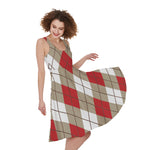 Red White And Beige Argyle Pattern Print Women's Sleeveless Dress