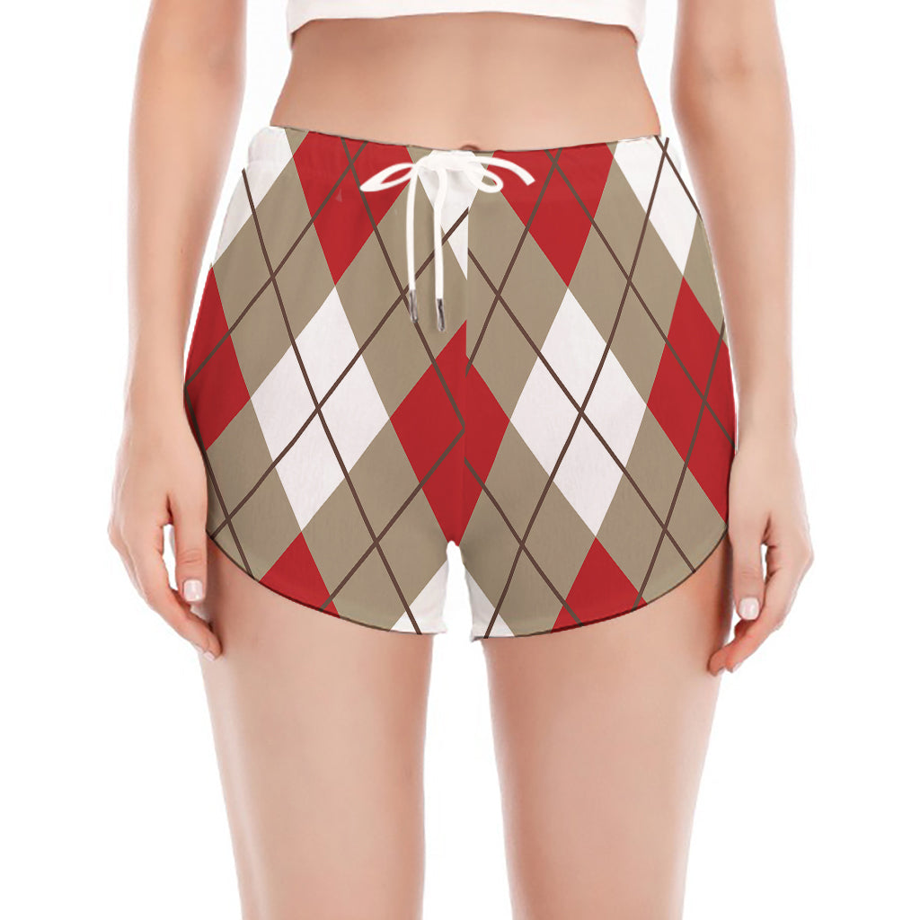 Red White And Beige Argyle Pattern Print Women's Split Running Shorts