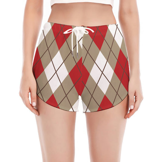 Red White And Beige Argyle Pattern Print Women's Split Running Shorts