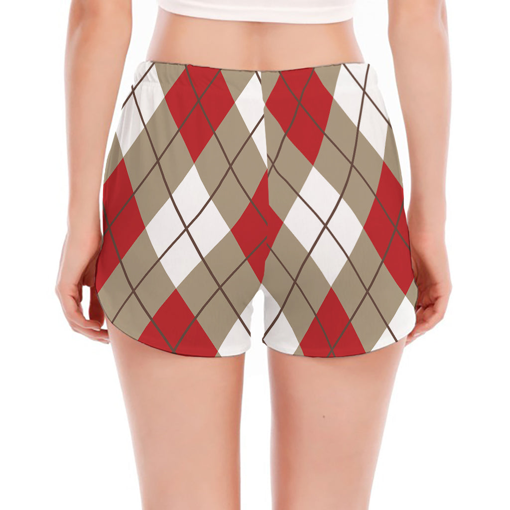 Red White And Beige Argyle Pattern Print Women's Split Running Shorts