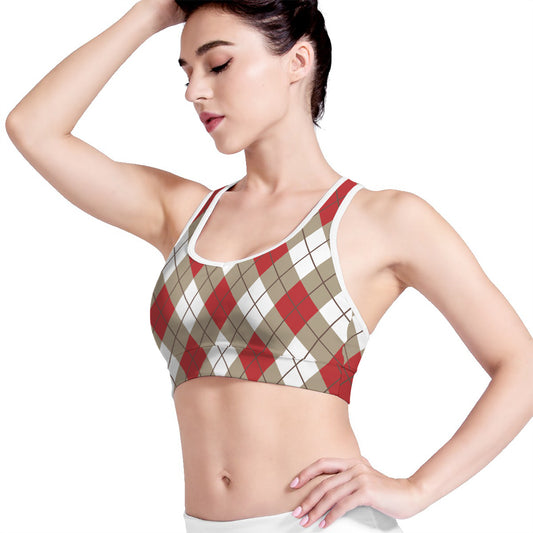 Red White And Beige Argyle Pattern Print Women's Sports Bra