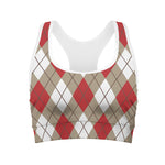 Red White And Beige Argyle Pattern Print Women's Sports Bra