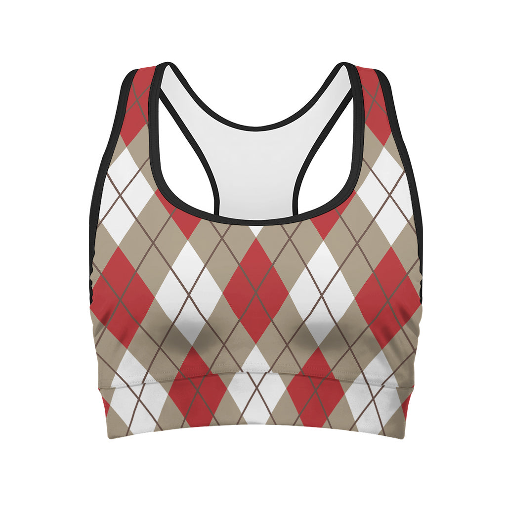 Red White And Beige Argyle Pattern Print Women's Sports Bra