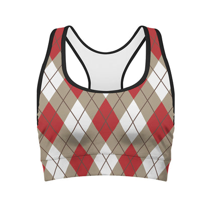 Red White And Beige Argyle Pattern Print Women's Sports Bra
