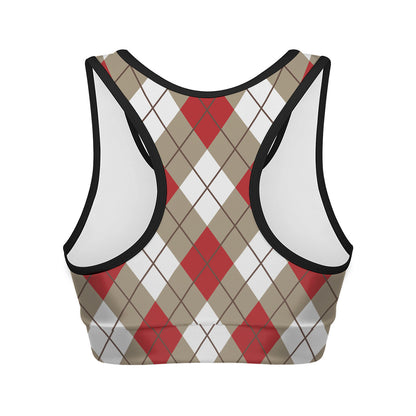 Red White And Beige Argyle Pattern Print Women's Sports Bra