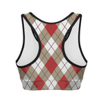 Red White And Beige Argyle Pattern Print Women's Sports Bra