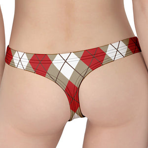 Red White And Beige Argyle Pattern Print Women's Thong