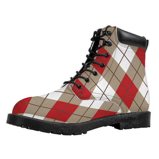 Red White And Beige Argyle Pattern Print Work Boots