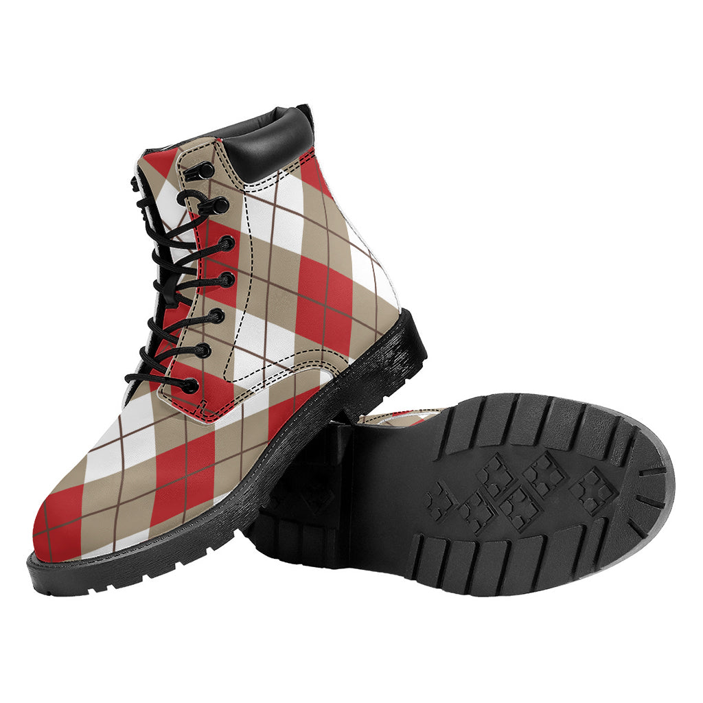 Red White And Beige Argyle Pattern Print Work Boots