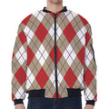 Red White And Beige Argyle Pattern Print Zip Sleeve Bomber Jacket