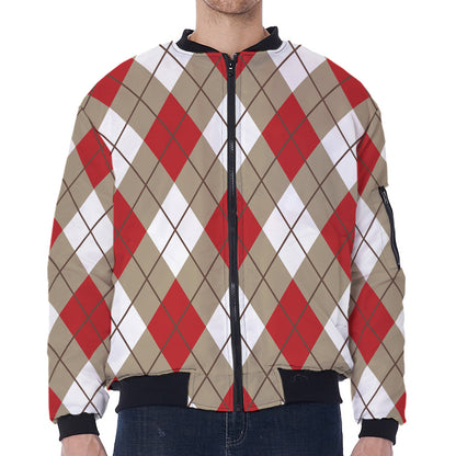 Red White And Beige Argyle Pattern Print Zip Sleeve Bomber Jacket