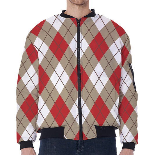 Red White And Beige Argyle Pattern Print Zip Sleeve Bomber Jacket