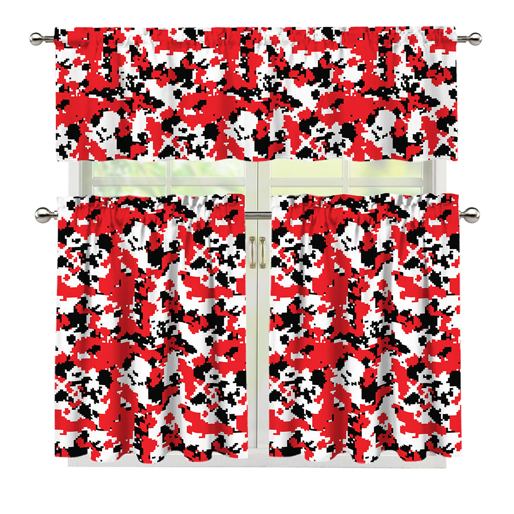 Red White And Black Digital Camo Print 3 Piece Kitchen Curtains