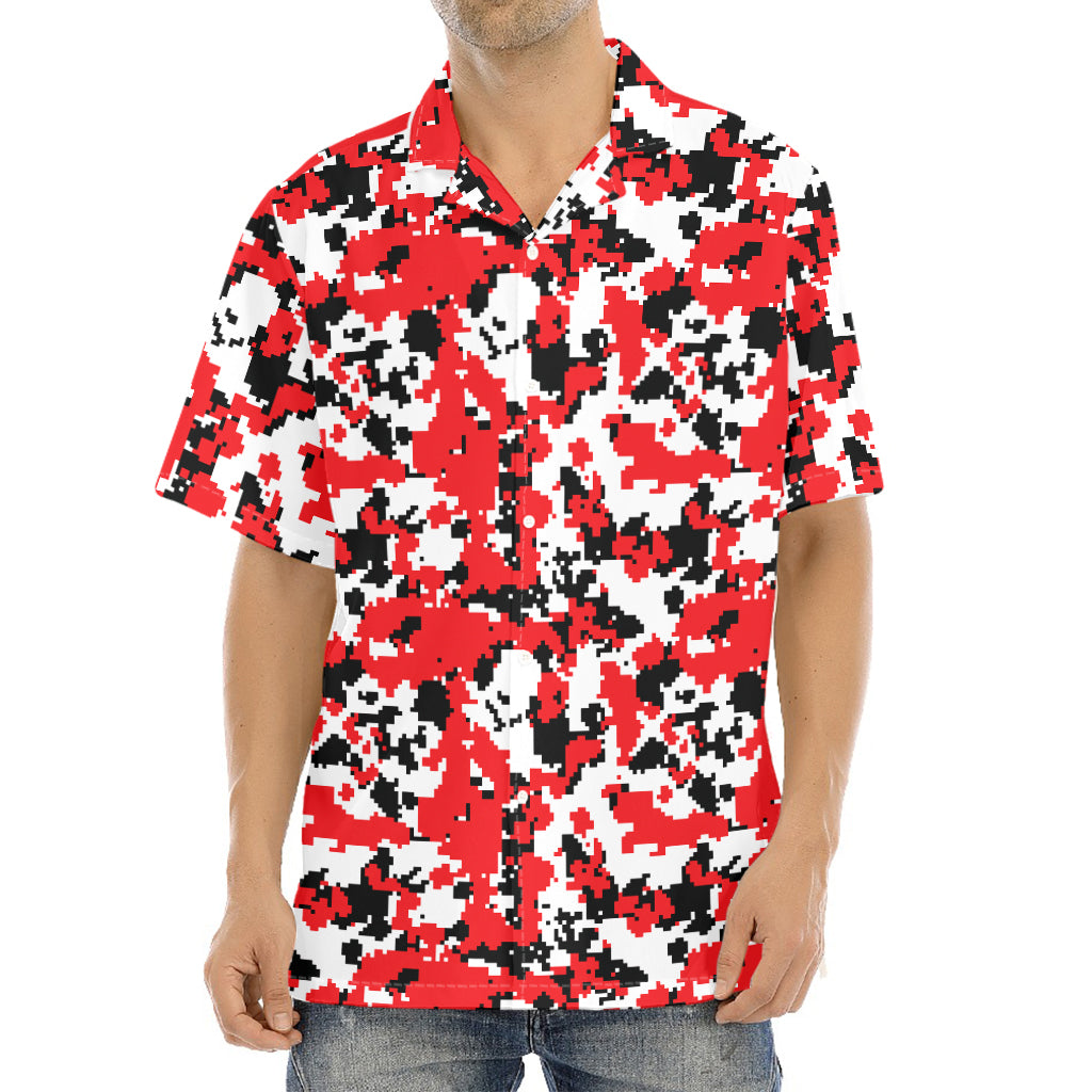 Red White And Black Digital Camo Print Aloha Shirt