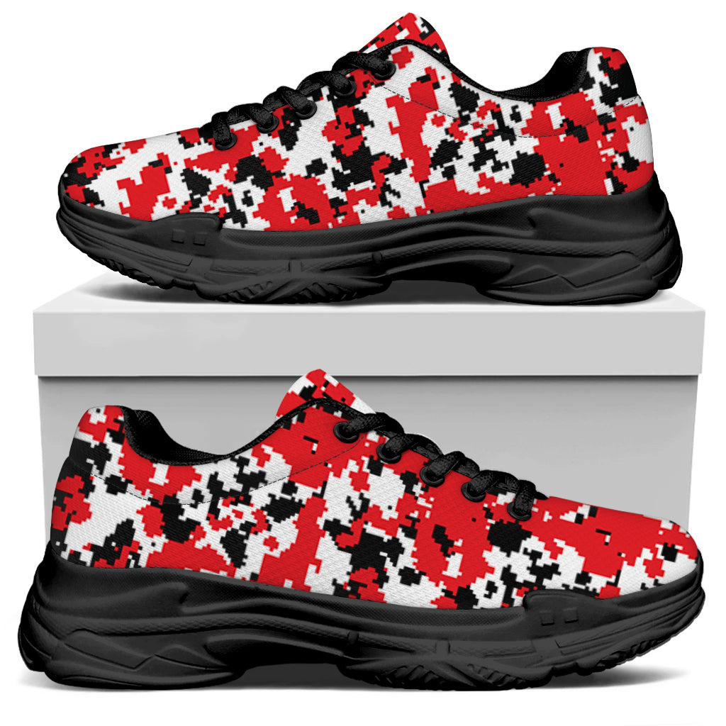 Red White And Black Digital Camo Print Black Chunky Shoes