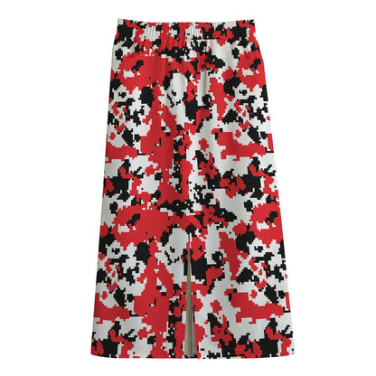 Red White And Black Digital Camo Print Cotton Front Slit Maxi Skirt