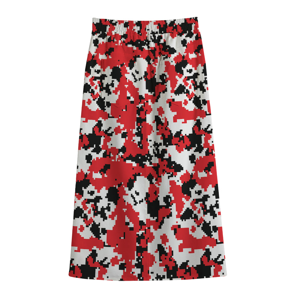 Red White And Black Digital Camo Print Cotton Front Slit Maxi Skirt