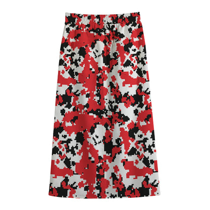 Red White And Black Digital Camo Print Cotton Front Slit Maxi Skirt