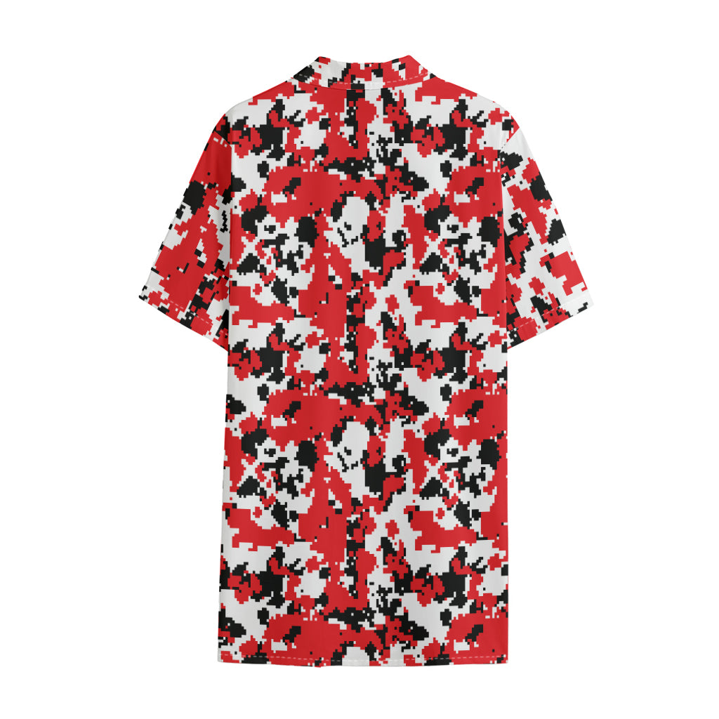 Red White And Black Digital Camo Print Cotton Hawaiian Shirt