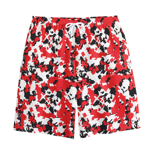 Red White And Black Digital Camo Print Cotton Shorts