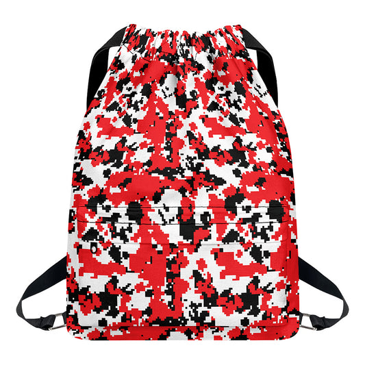 Red White And Black Digital Camo Print Drawstring Backpack