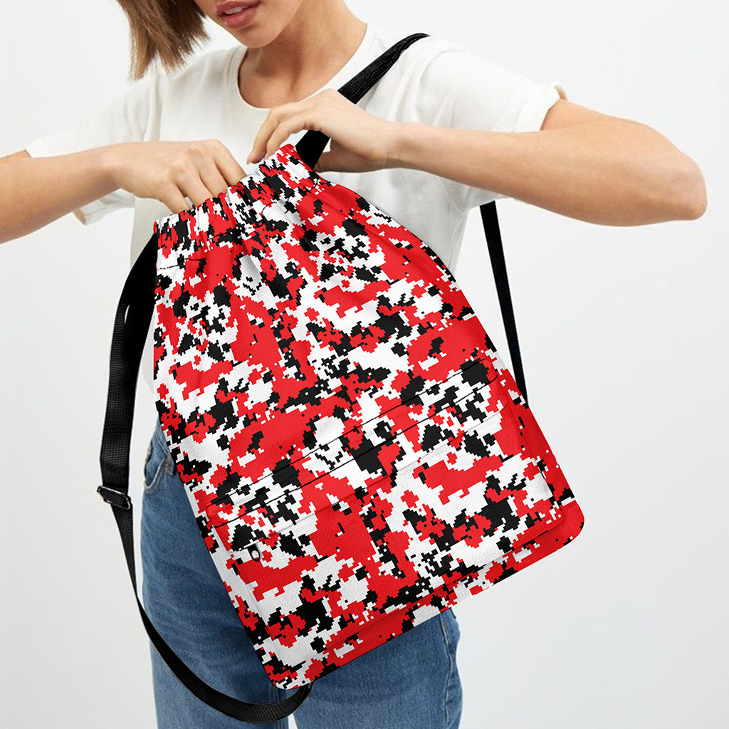 Red White And Black Digital Camo Print Drawstring Backpack