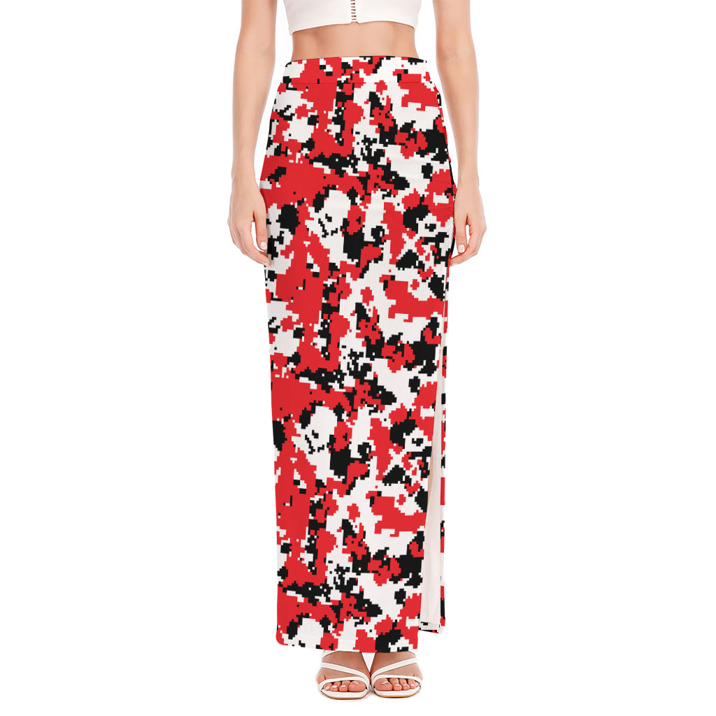 Red White And Black Digital Camo Print High Slit Maxi Skirt