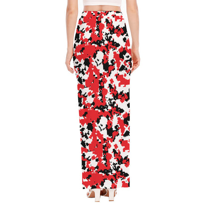 Red White And Black Digital Camo Print High Slit Maxi Skirt