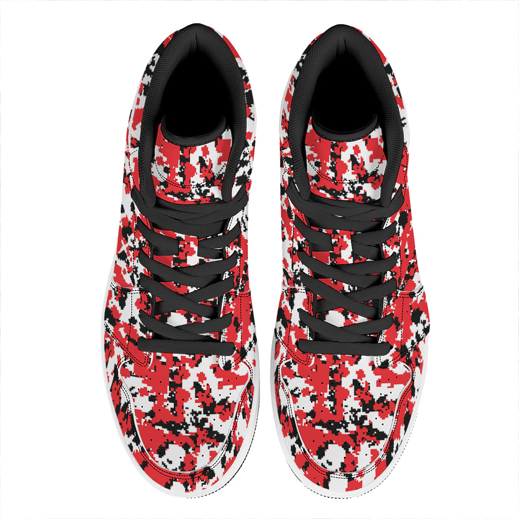 Red White And Black Digital Camo Print High Top Leather Sneakers