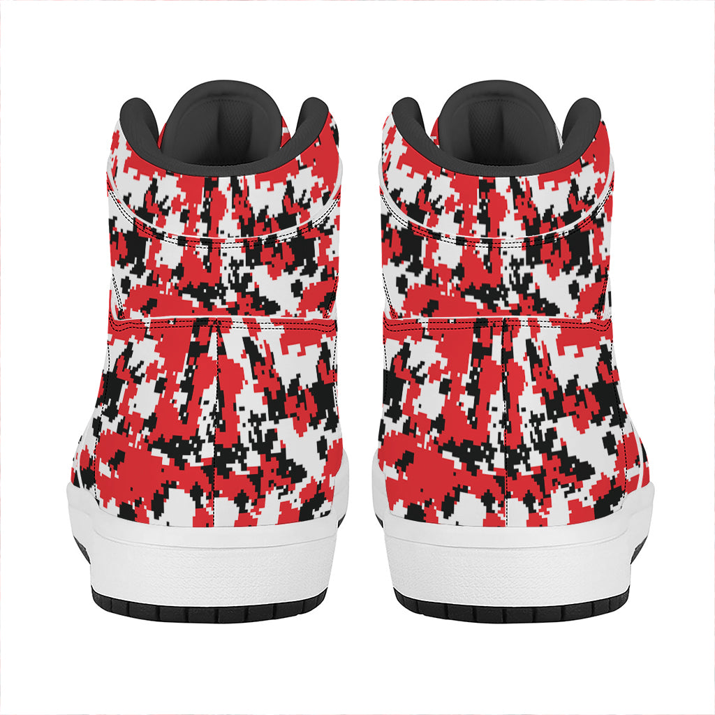 Red White And Black Digital Camo Print High Top Leather Sneakers