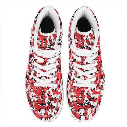 Red White And Black Digital Camo Print High Top Leather Sneakers
