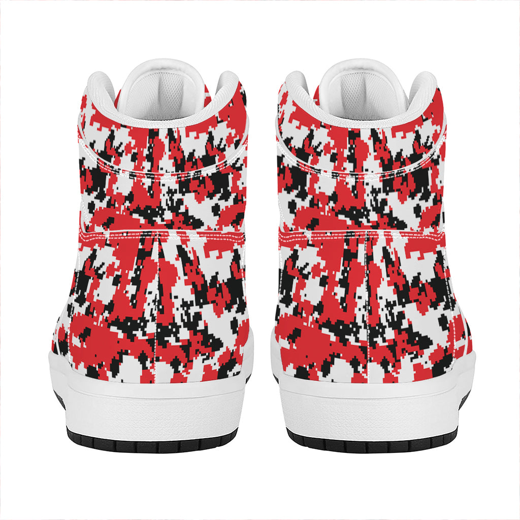 Red White And Black Digital Camo Print High Top Leather Sneakers