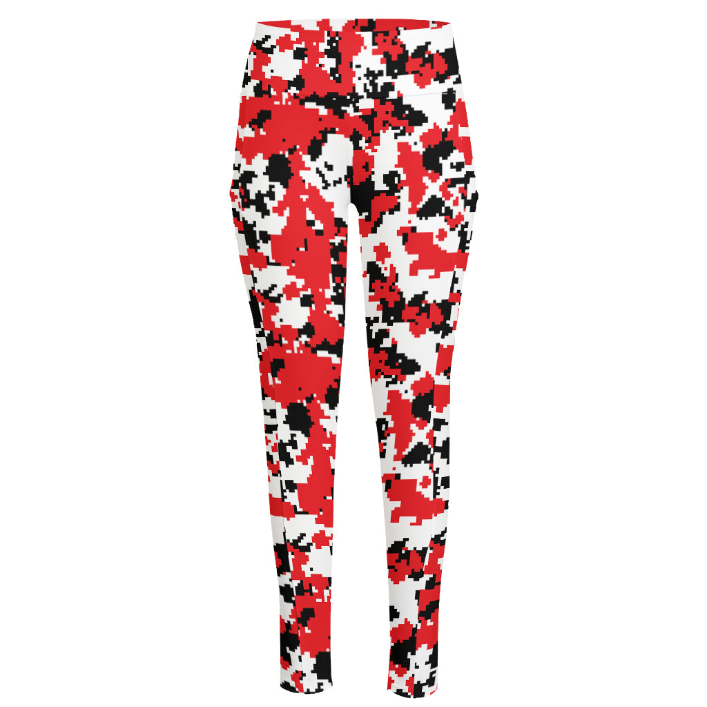 Red White And Black Digital Camo Print High-Waisted Pocket Leggings