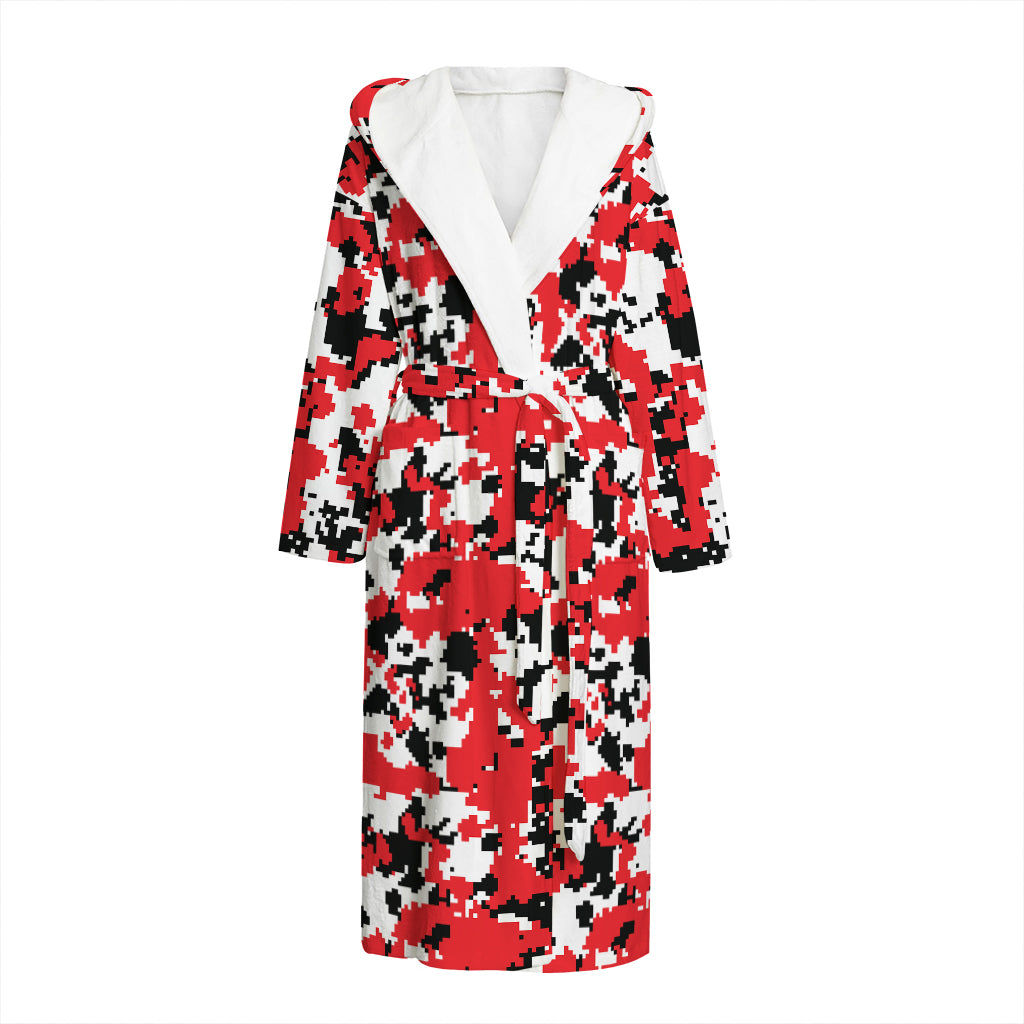 Red White And Black Digital Camo Print Hooded Bathrobe