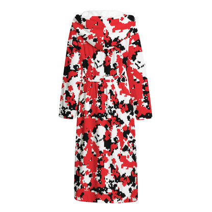Red White And Black Digital Camo Print Hooded Bathrobe