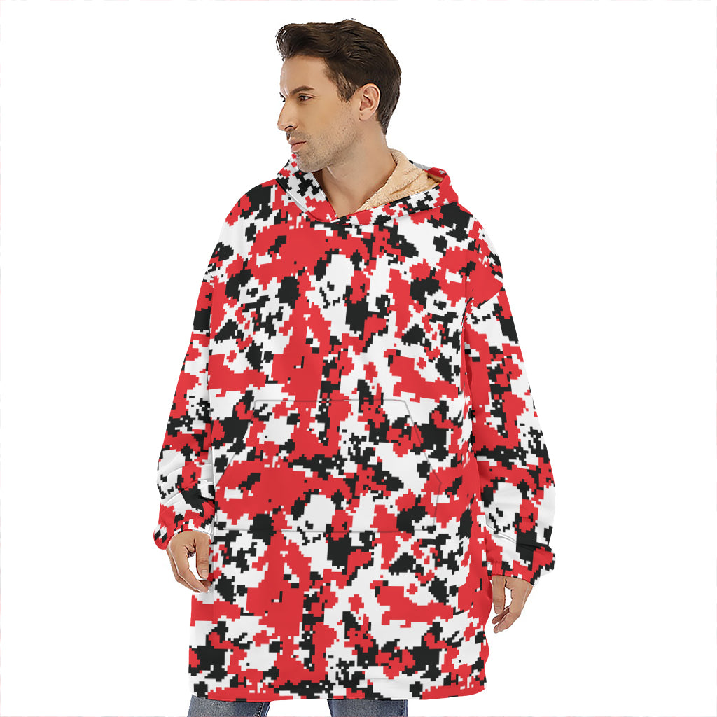 Red White And Black Digital Camo Print Hoodie Blanket