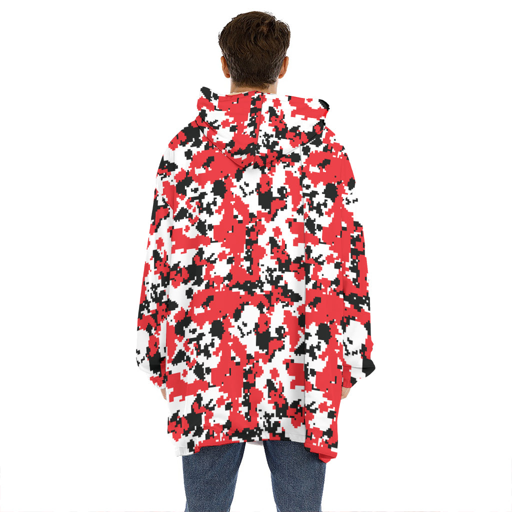 Red White And Black Digital Camo Print Hoodie Blanket