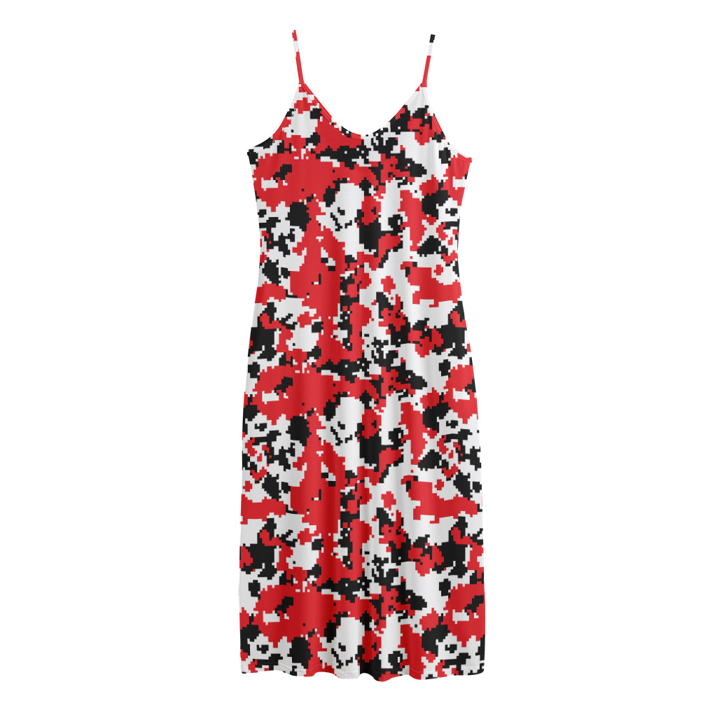 Red White And Black Digital Camo Print Jersey Midi Cami Dress